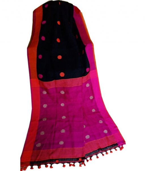 Black &amp; Pink Buti Ball Linen Saree